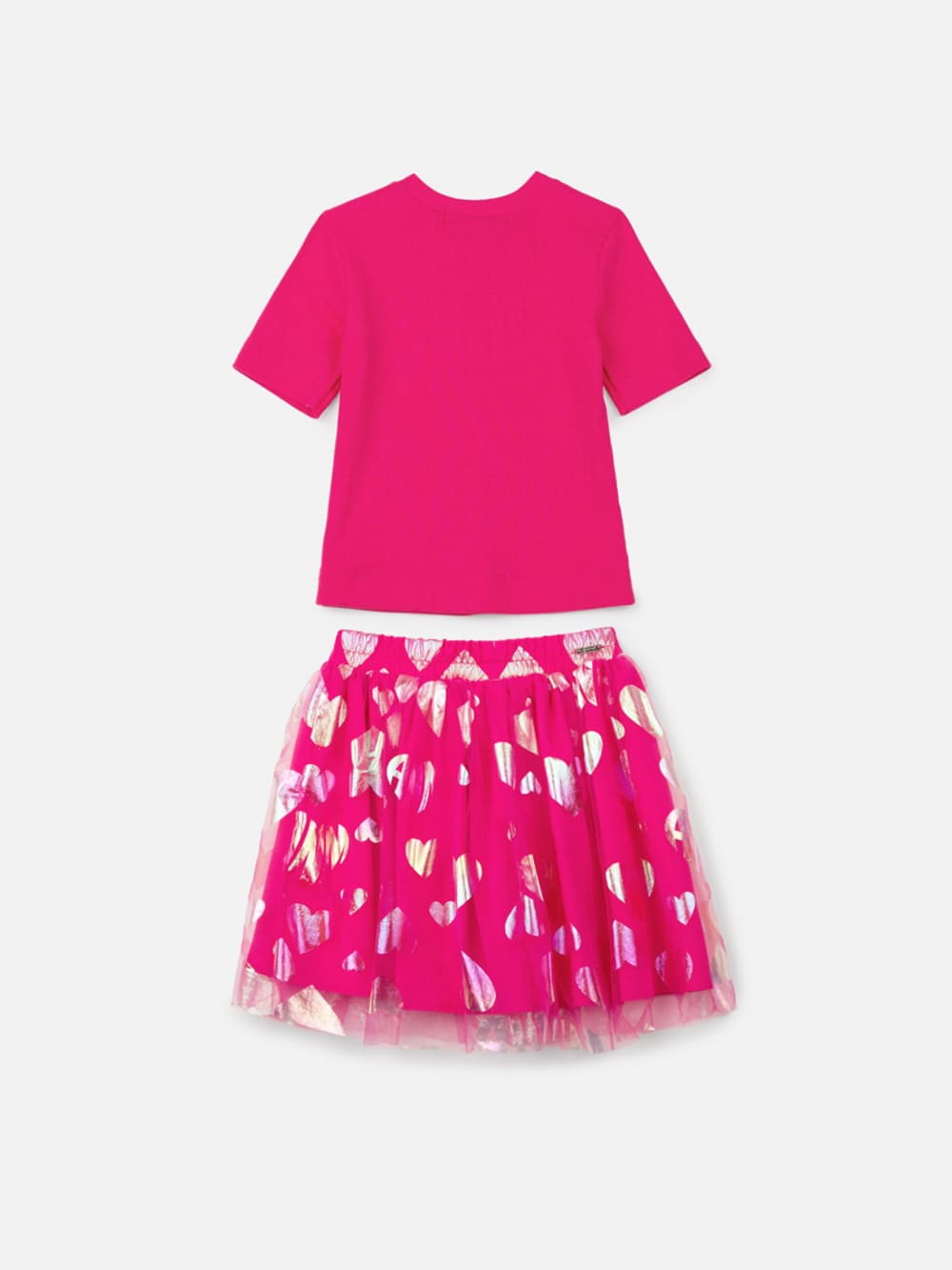Conjunto Infantil Animê Verão Saia Rosa Tule Coração e Blusa Brilho