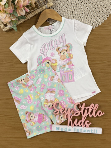 Conjunto Infantil Kukiê Verão com Shorts Ciclista Verde e Blusa Branca Ursinhas Tênista