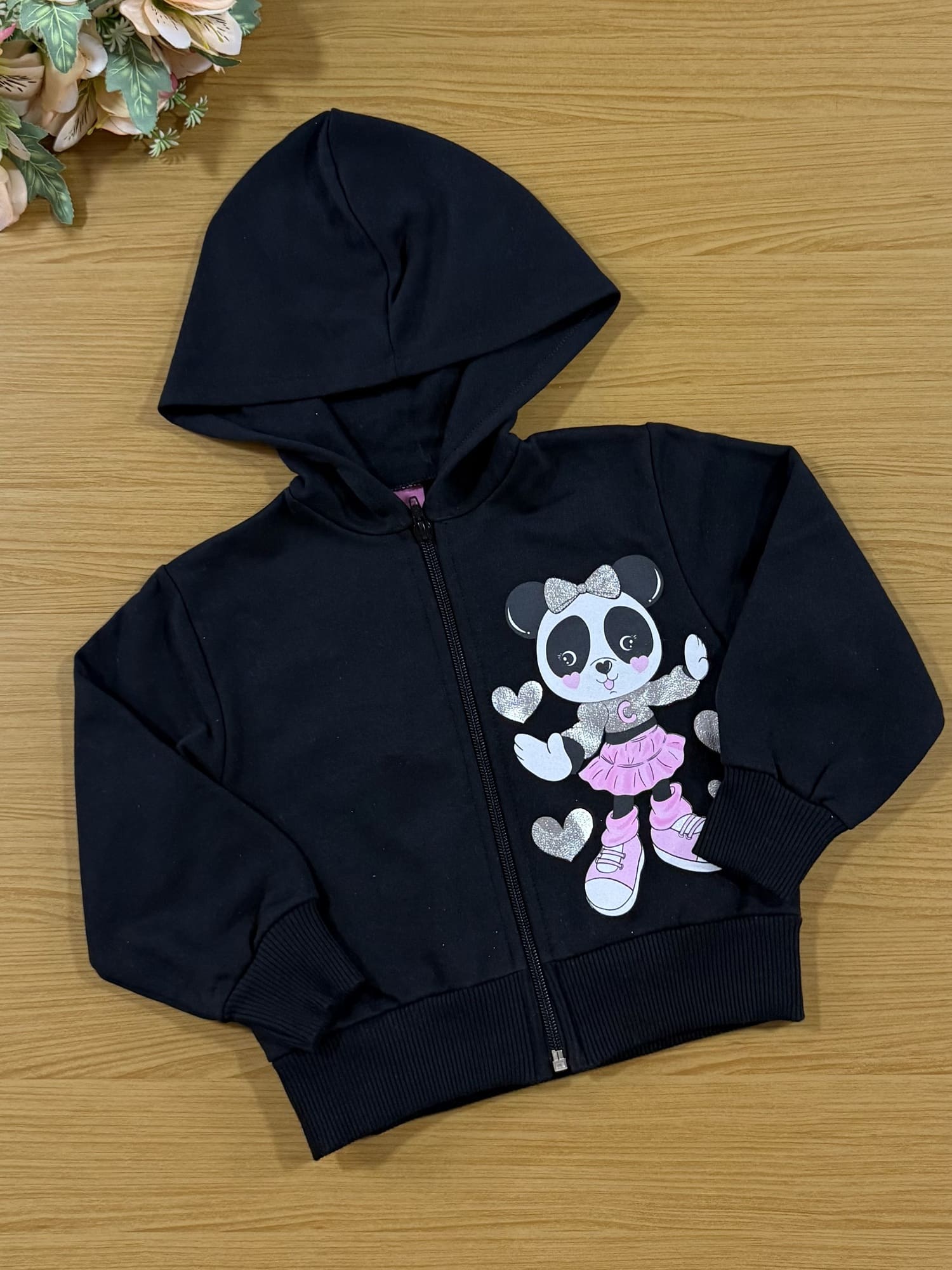 Conjunto Infantil Cinti Inverno Calça Wide Leg e Moletom Flanelado Preto Panda