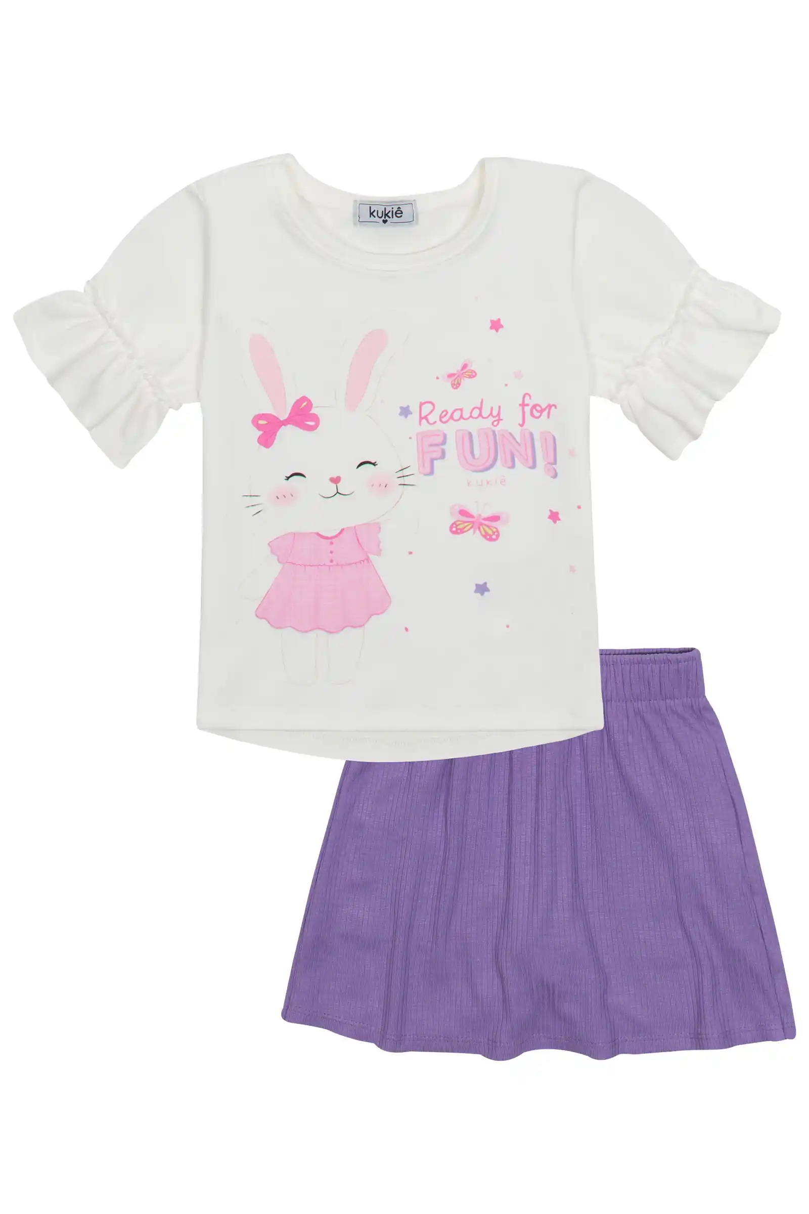 Conjunto Infantil Kukiê com Shorts Saia Lilás e Blusa Manga Curta Coelhinha