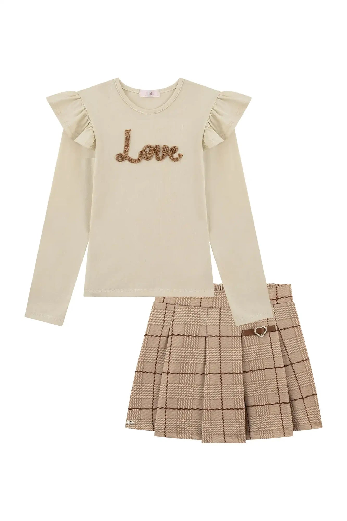 Conjunto Infantil Kukiê Invenro com Shorts Saia e Blusa Manga Longa Bege Love