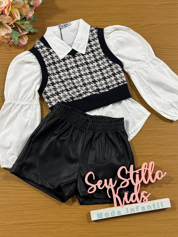 Conjunto Infantil Kukie Inverno Shorts Blusa Manga Longa e Colete