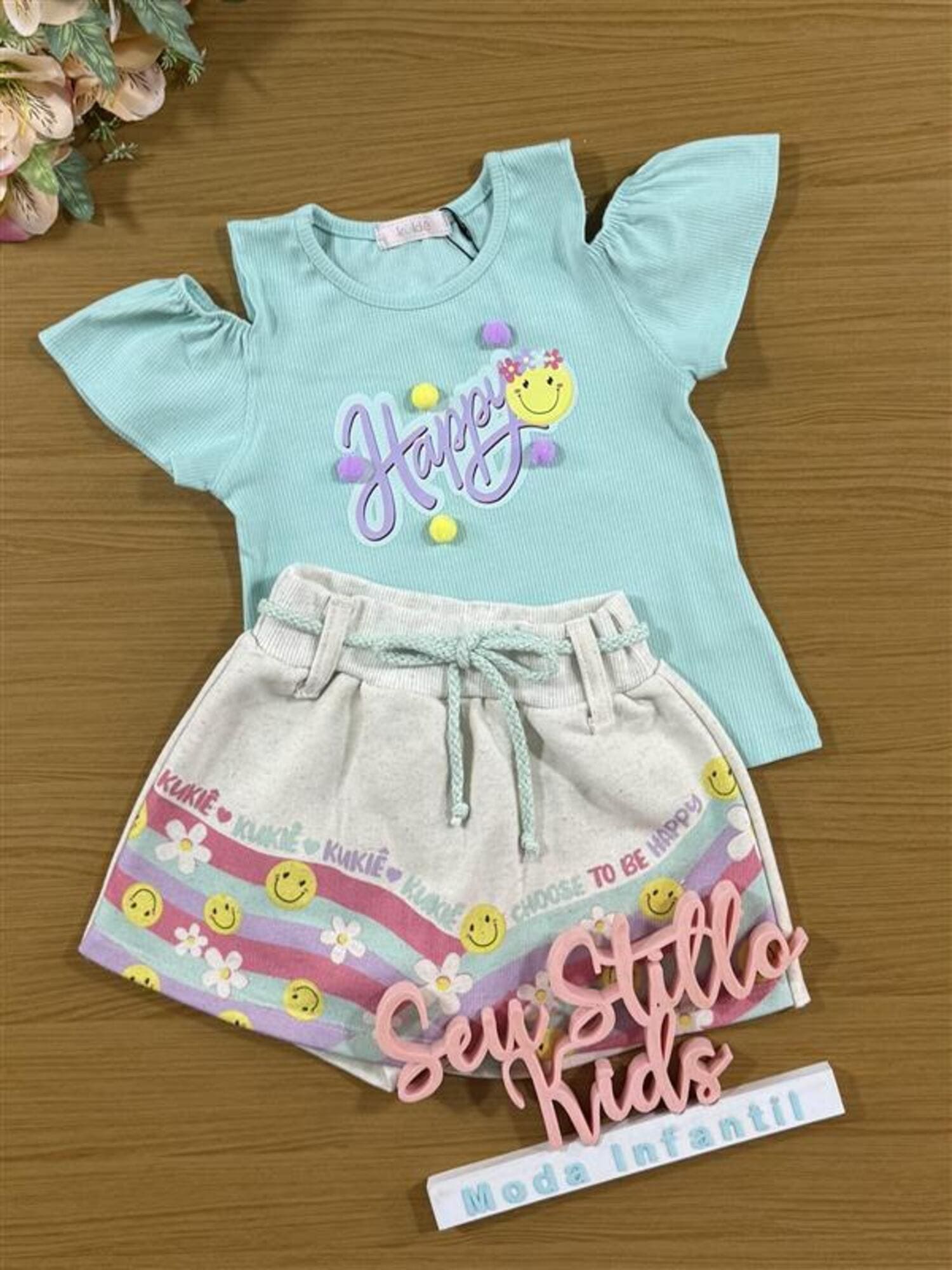 Conjunto Infantil Kukie Inverno com Short Saia e Blusa Azul Emoji