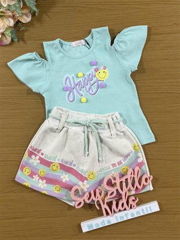 Conjunto Infantil Kukie Inverno com Short Saia e Blusa Azul Emoji