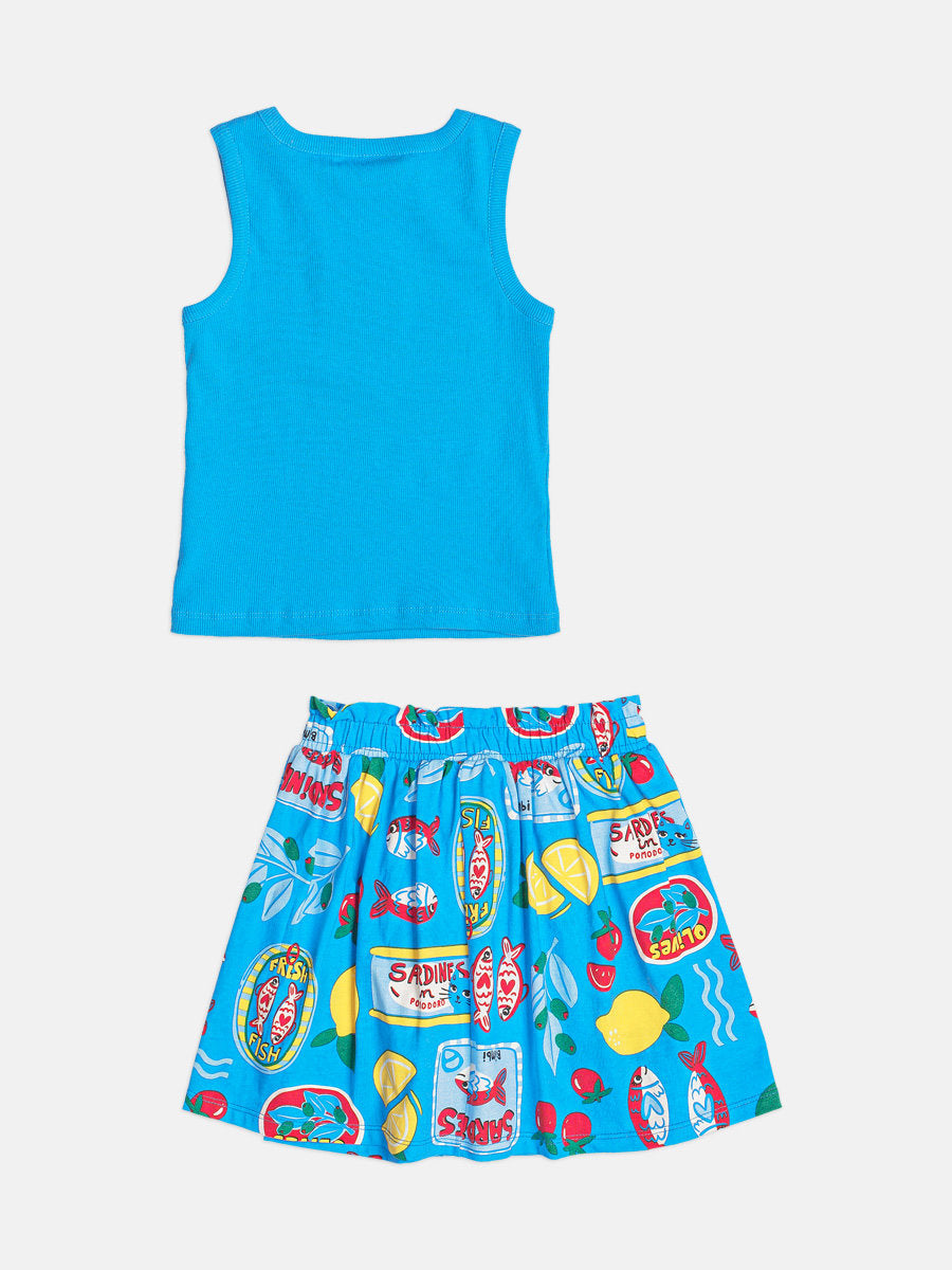 Conjunto Infantil Menina Bimbi com Saia e Blusa Azul Sardinha