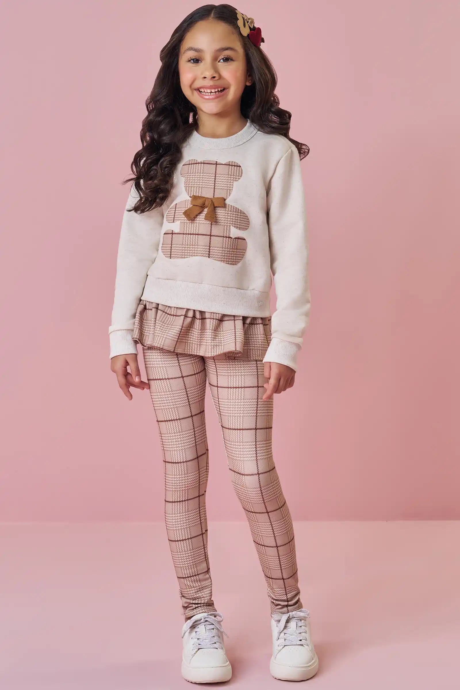 Conjunto Infantil Kukiê Inverno com Calça Legging Xadrez e Moletom sem Flanela Ursinho Lacinho