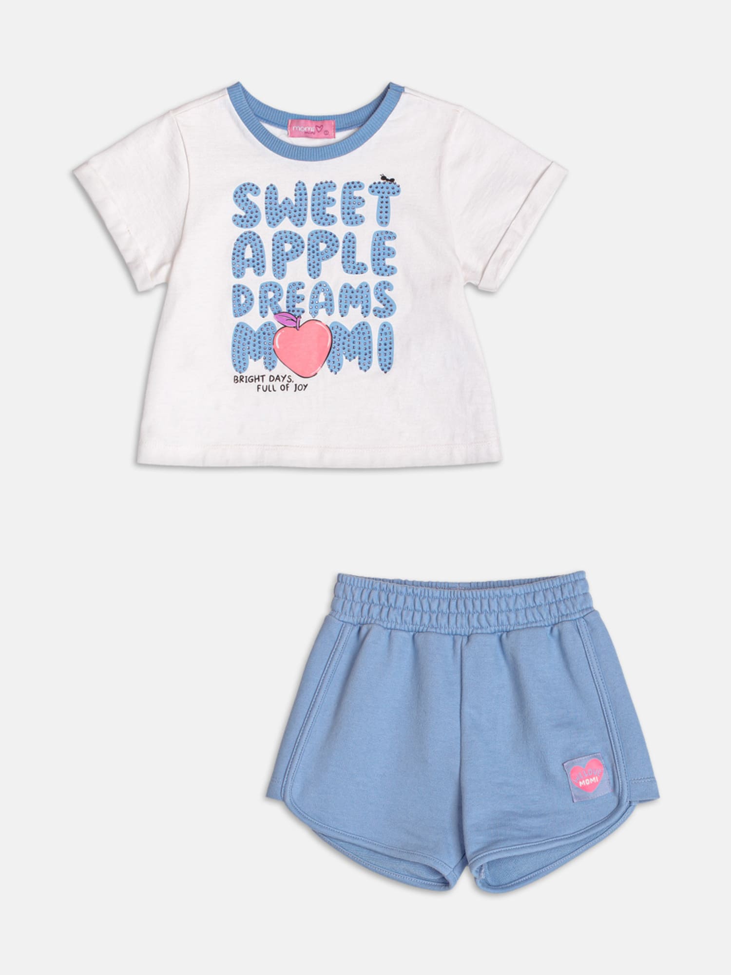 Conjunto Infantil Momi Verão com Shorts Azul e Blusa Branca Maçã do Amor