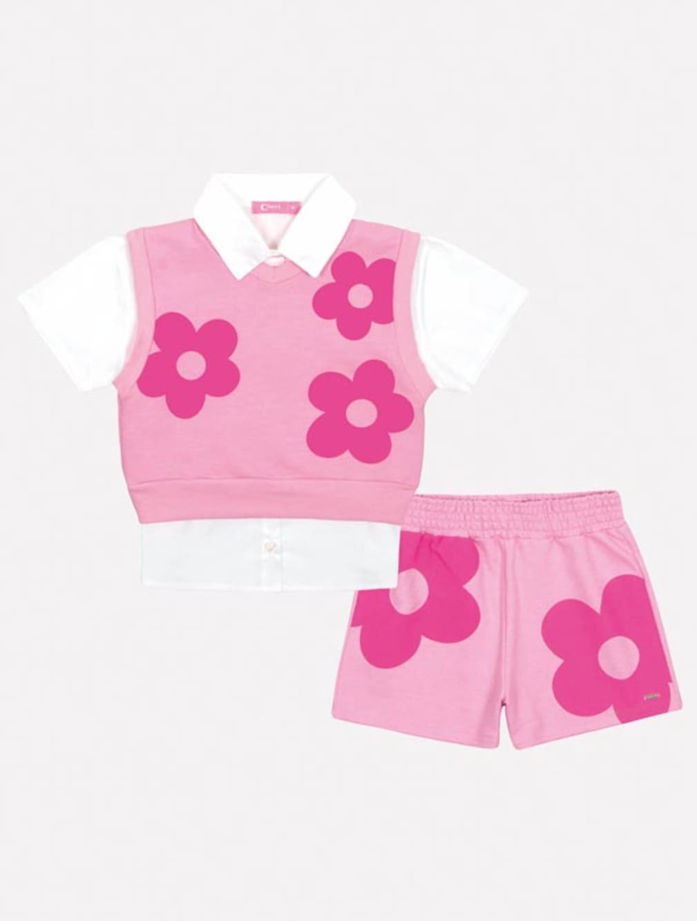 Conjunto Infantil Cinti Verão Shorts, Camisete e Colete Rosa Flor