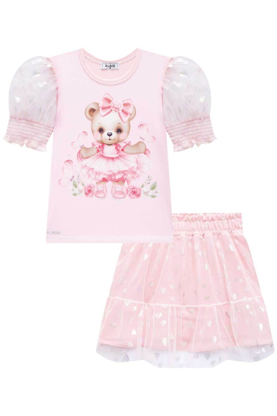 Conjunto Infantil Kukie Saia Tule e Blusa Rosa Ursinha Fofa