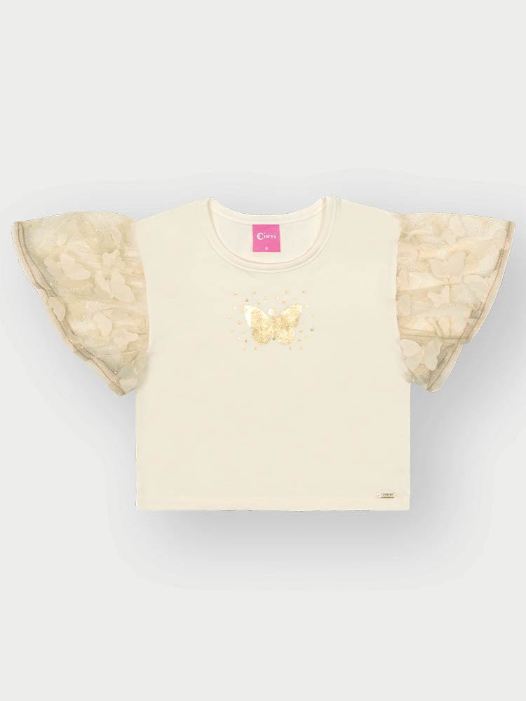 Conjunto Infantil Cinti Verão com Saia em Tule e Blusa Branca Borboleta Dourada