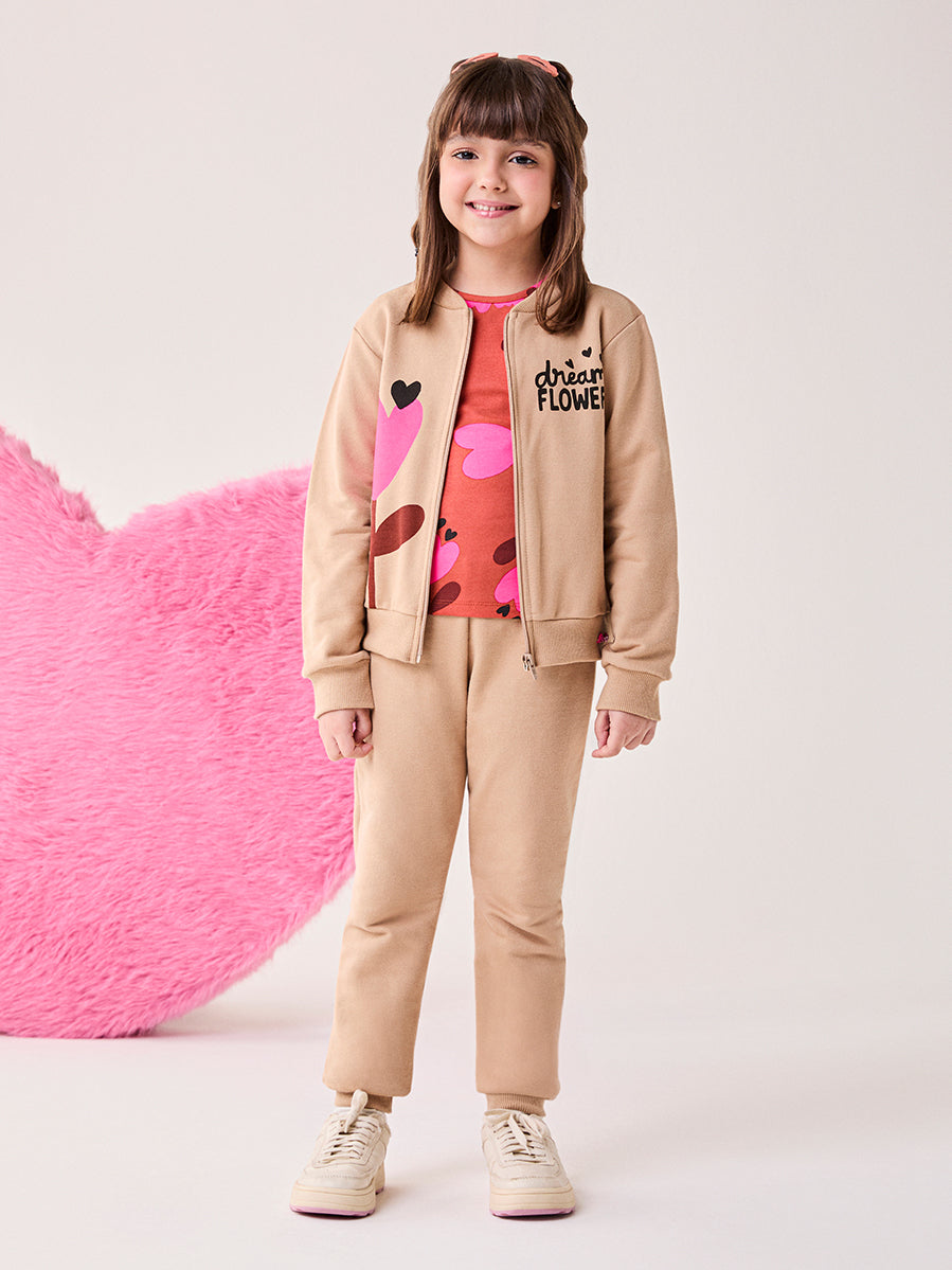Conjunto Infantil Bimbi Inverno com Calça e Jaqueta sem Flanela Bege Flower