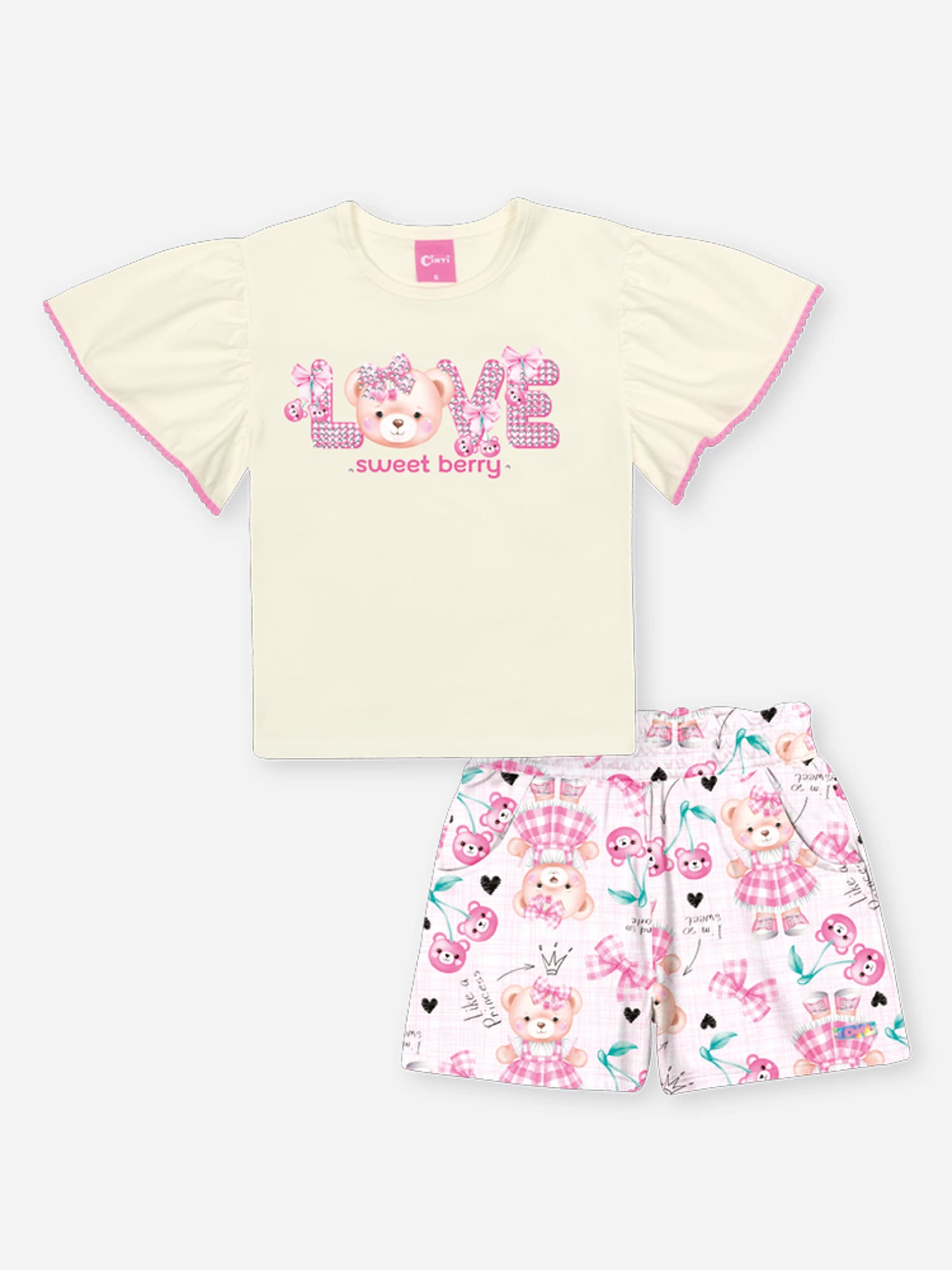 Conjunto Infantil Cinti Verão com Shorts Rosa e Blusa Branca Ursinha Love com Strass