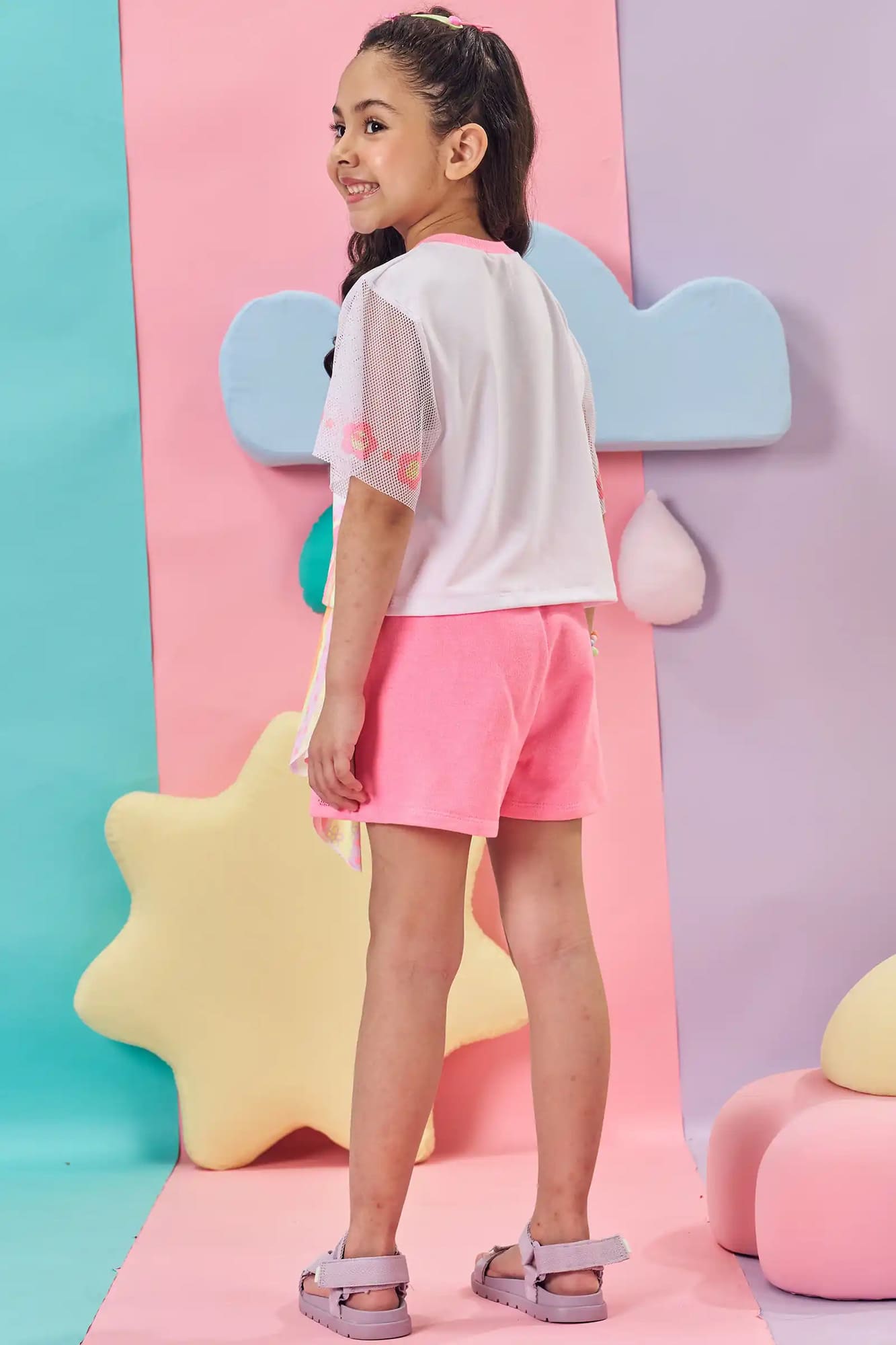 Conjunto Infantil Kukiê Verão com Shorts Rosa e Blusa Branca Good Day
