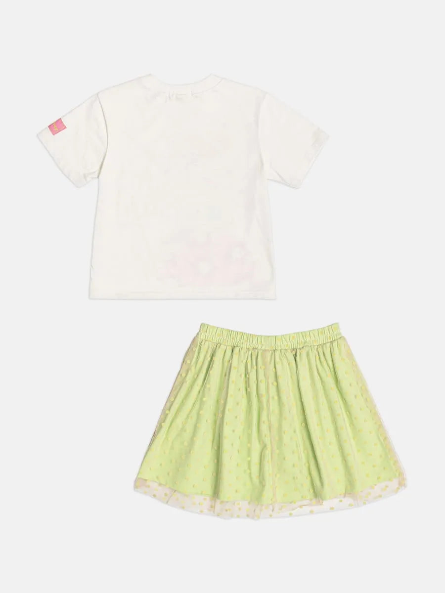 Conjunto Infantil Menina Bimbi com Saia Verde Tule e Blusa Branca Tinkerbell Disney