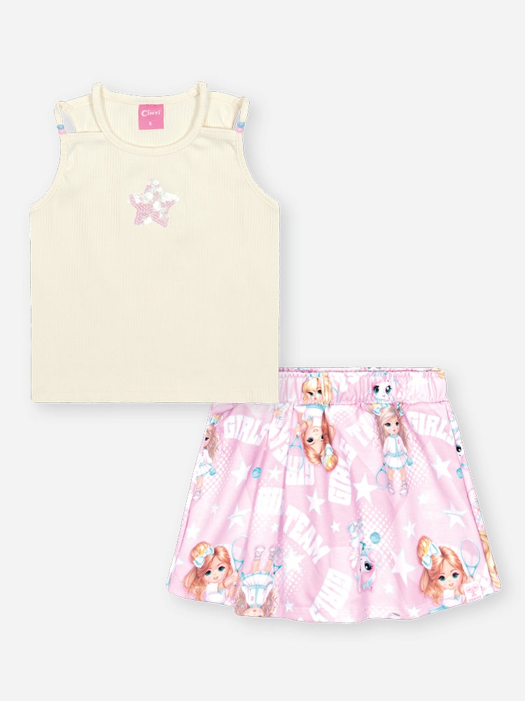 Conjunto Infantil Cinti Verão com Shorts Saia Rosa Estampado e Regata Estrelinha