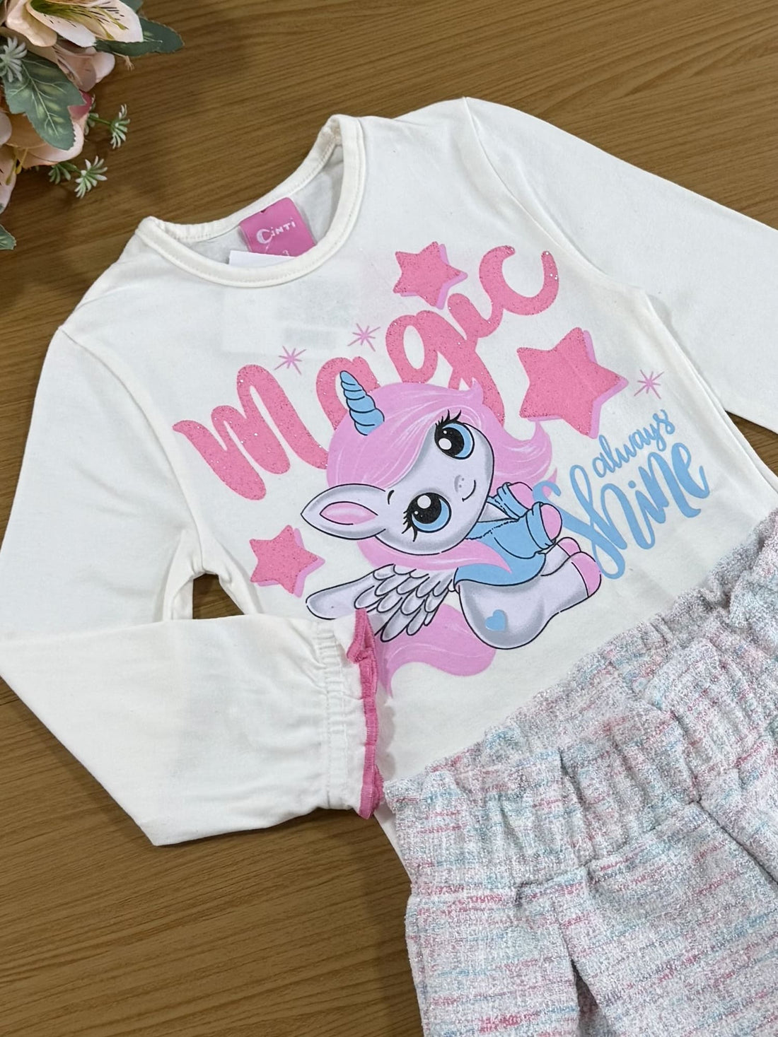 Conjunto Infantil Cinti Inverno Shorts Tweed E Blusa Unicórnio Rosa
