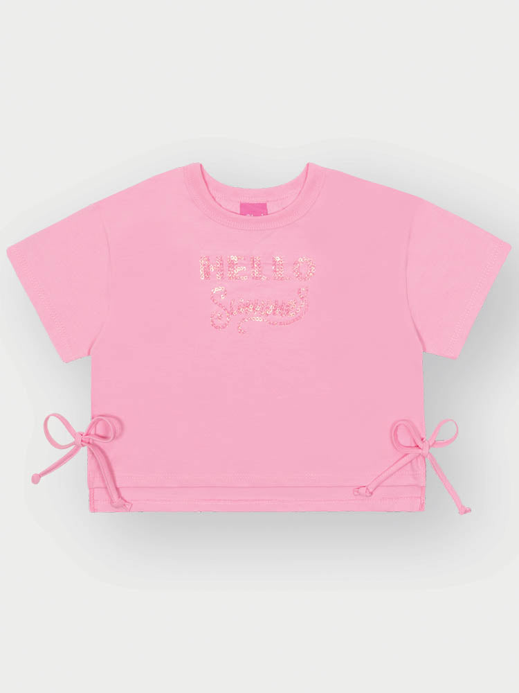 Conjunto Infantil Cinti Verão com Shorts Off White e Blusa Rosa Hello