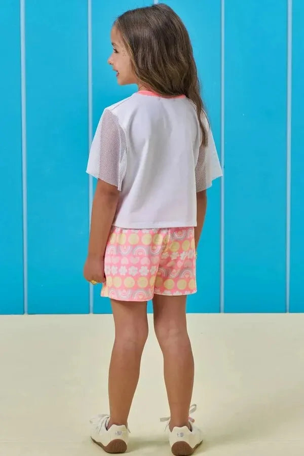 Conjunto Infantil Menina Kukiê com Shorts Saia e Blusa Branca Florzinha Emoji