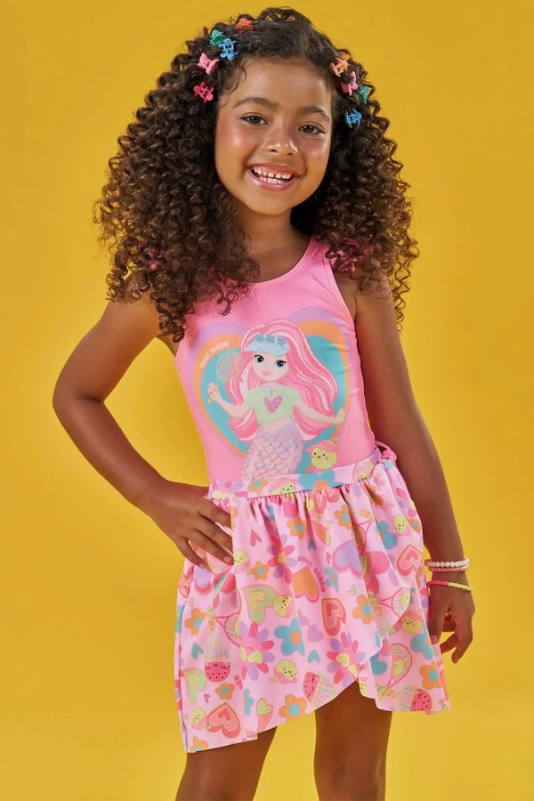 Maiô Infantil Kukiê Verão Rosa Sereia Tênista com Saida de Praia Estampada