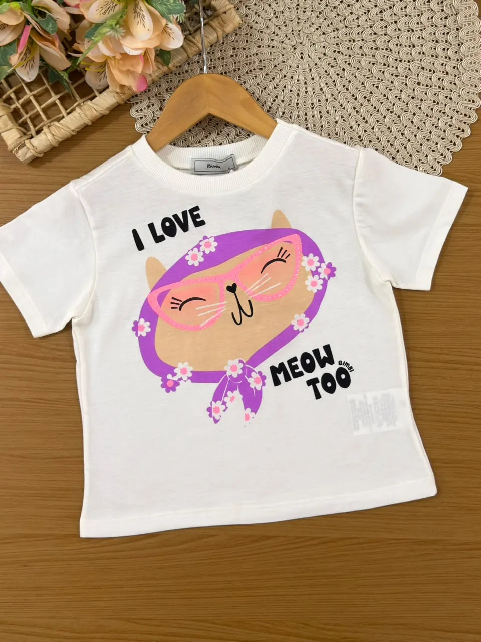Conjunto Infantil Menina Bimbi Saia Roxa Florzinhas e Blusa Gatinha Strass