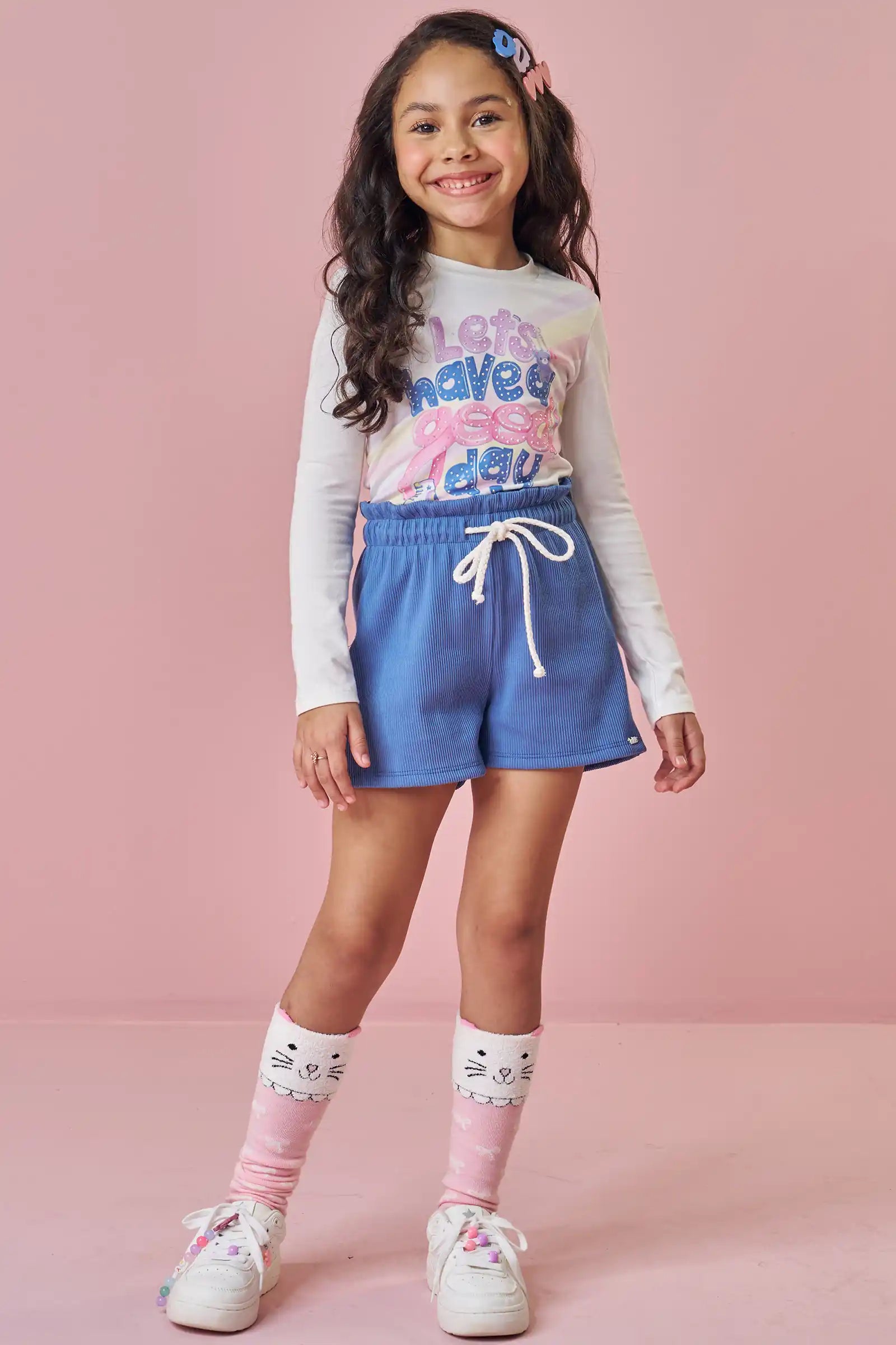 Conjunto Infantil Kukiê Inverno com Shorts Azul e Blusa Manga Longa Good Day