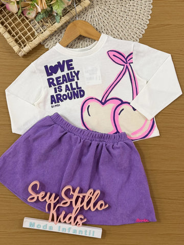 Conjunto Infantil Bimbi Inverno com Saia Roxa e Blusa Branca Manga Longa Uvinha