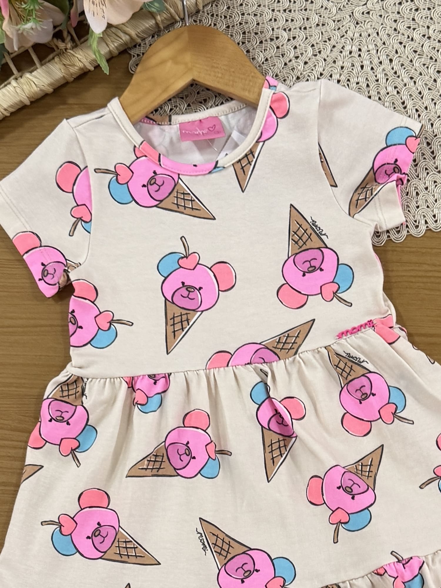 Vestido Infantil Momi Verão Bege Ursinho Sorvetinho