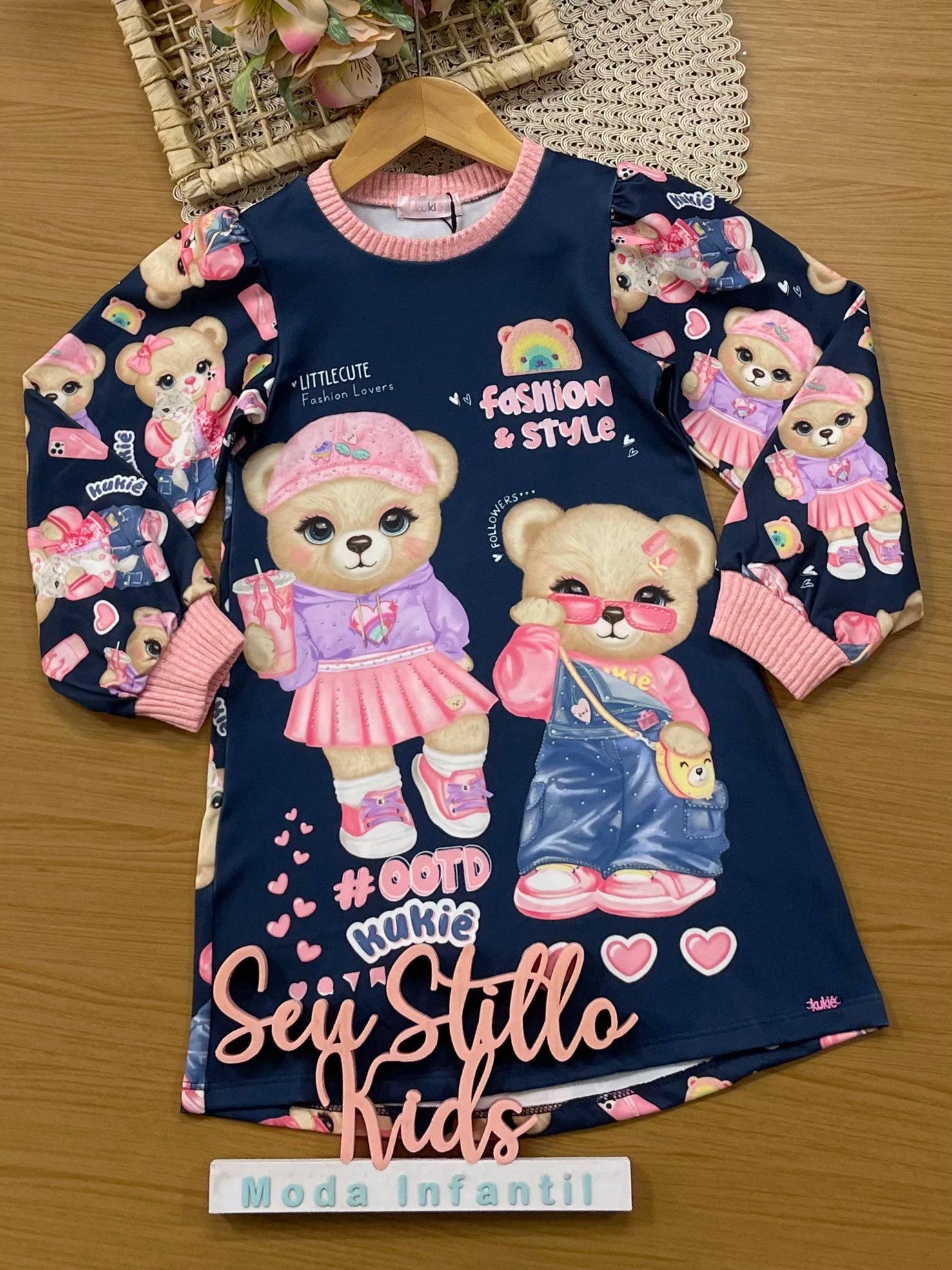 Vestido Infantil Kukiê Inverno Azul Marinho Ursinhas Fashion e Style