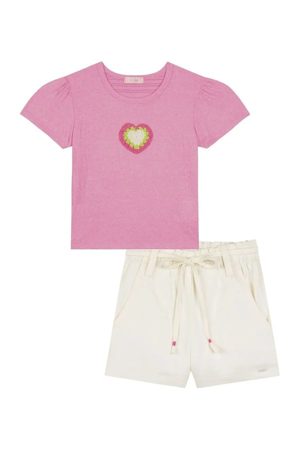 Conjunto Infantil Kukiê Verão com Shorts Off White e Blusa Rosa Coração Tricô