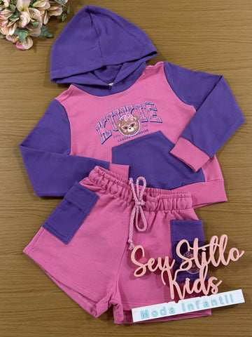 Conjunto Infantil Kukiê Inverno com Shorts e Casaco Rosa Ursinha
