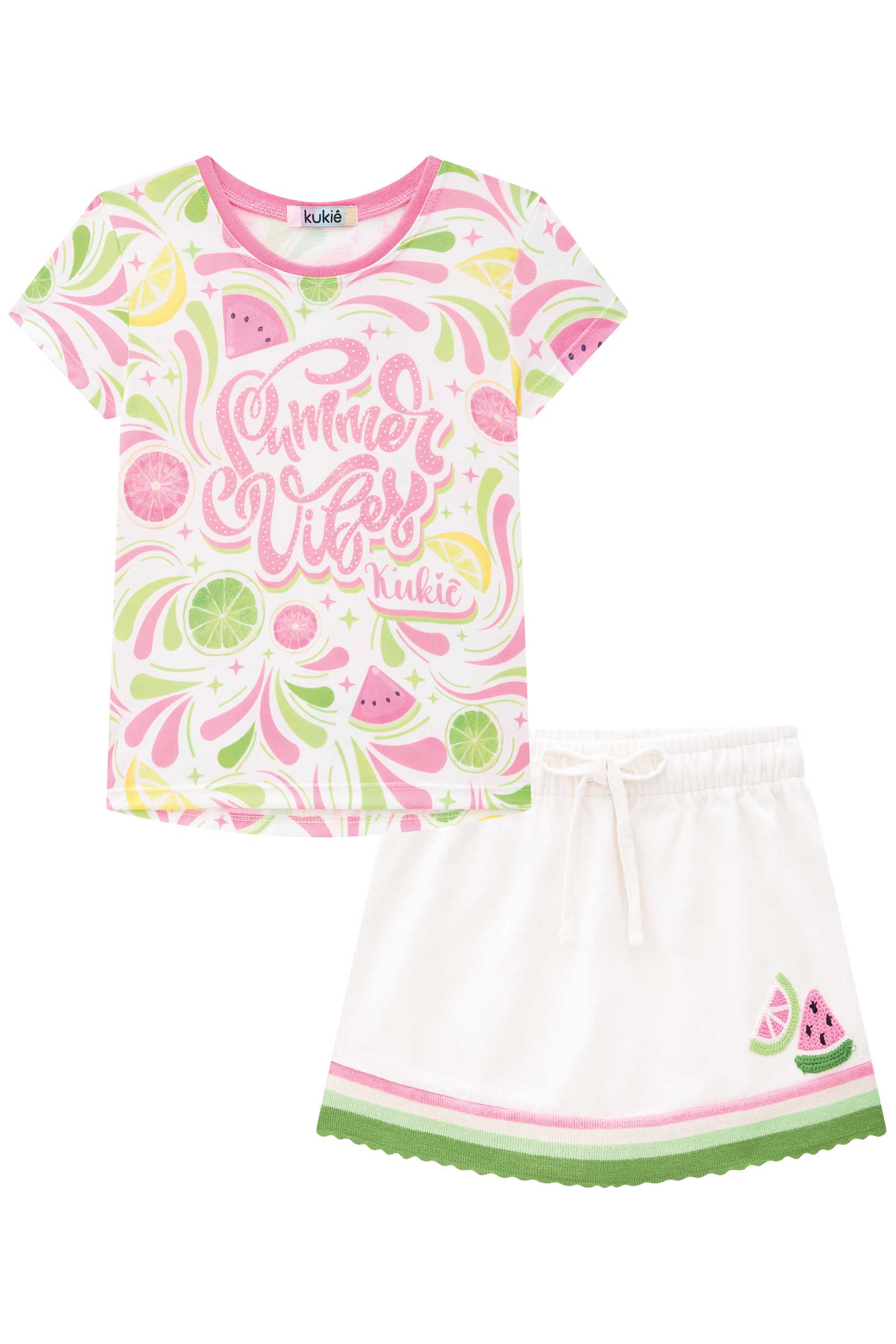 Conjunto Infantil Kukie Verão Shorts Saia e Blusa Melancia