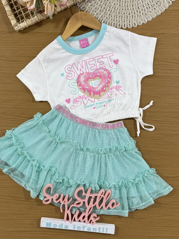 Conjunto Infantil Cinti Verão com Saia Azul em Tela e Blusa Branca Rosquinha