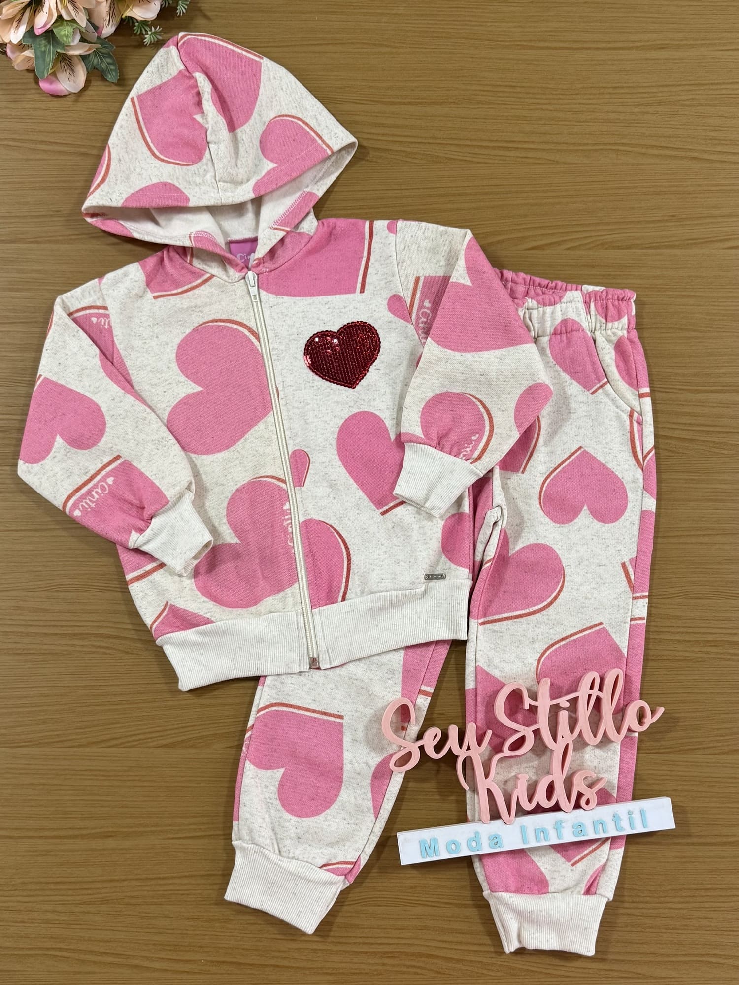 Conjunto Infantil Cinti Inverno Calça e Moletom Flanelado Coração