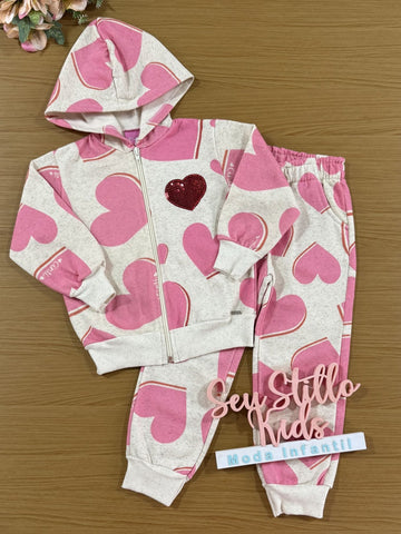 Conjunto Infantil Cinti Inverno Calça e Moletom Flanelado Coração