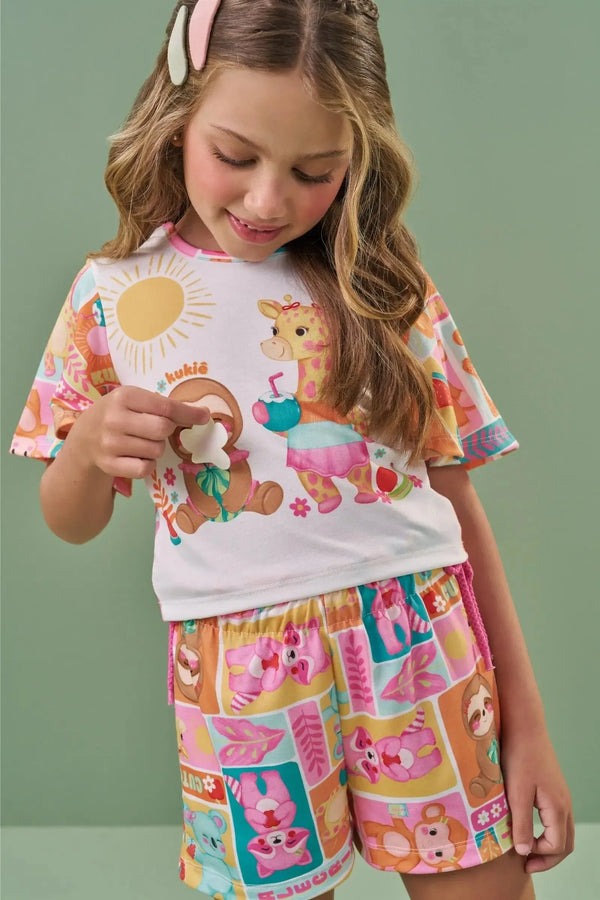 Conjunto Infantil Kukiê Verão com Shorts e Blusa Branca Animais