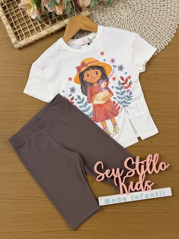 Conjunto Infantil Kukiê com Shorts Ciclista e Blusa Branca Menina Camponesa