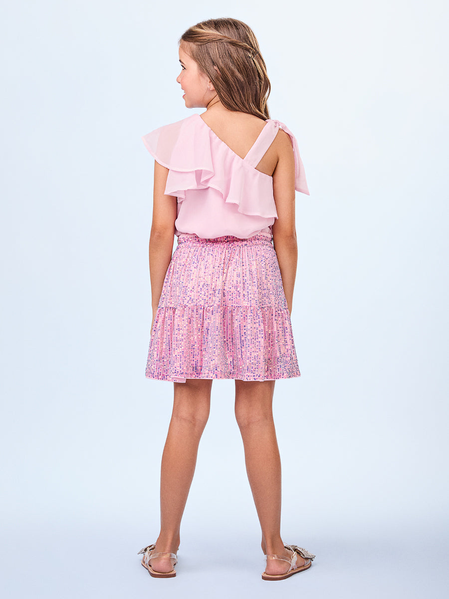 Conjunto Infantil Animê Verão Saia Paetê e Blusa Rosa