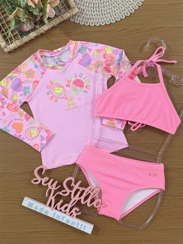 Biquíni Infantil Kukiê Verão Rosa com Blusa Manga Longa Bolinha de Tênis