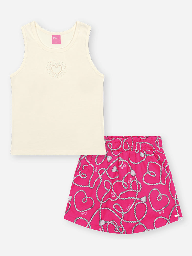 Conjunto Infantil Cinti Verão com Shorts Saia Rosa e Regata Branca Coração com Strass