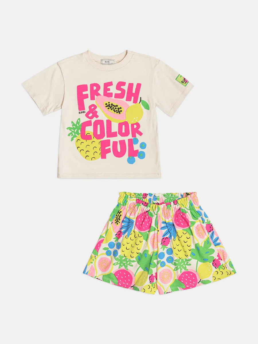 Conjunto Infantil Menina Bimbi Shorts e Blusa Bege Frutinhas