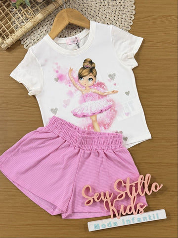 Conjunto Infantil Kukiê com Shorts Rosa e Blusa Bailarina