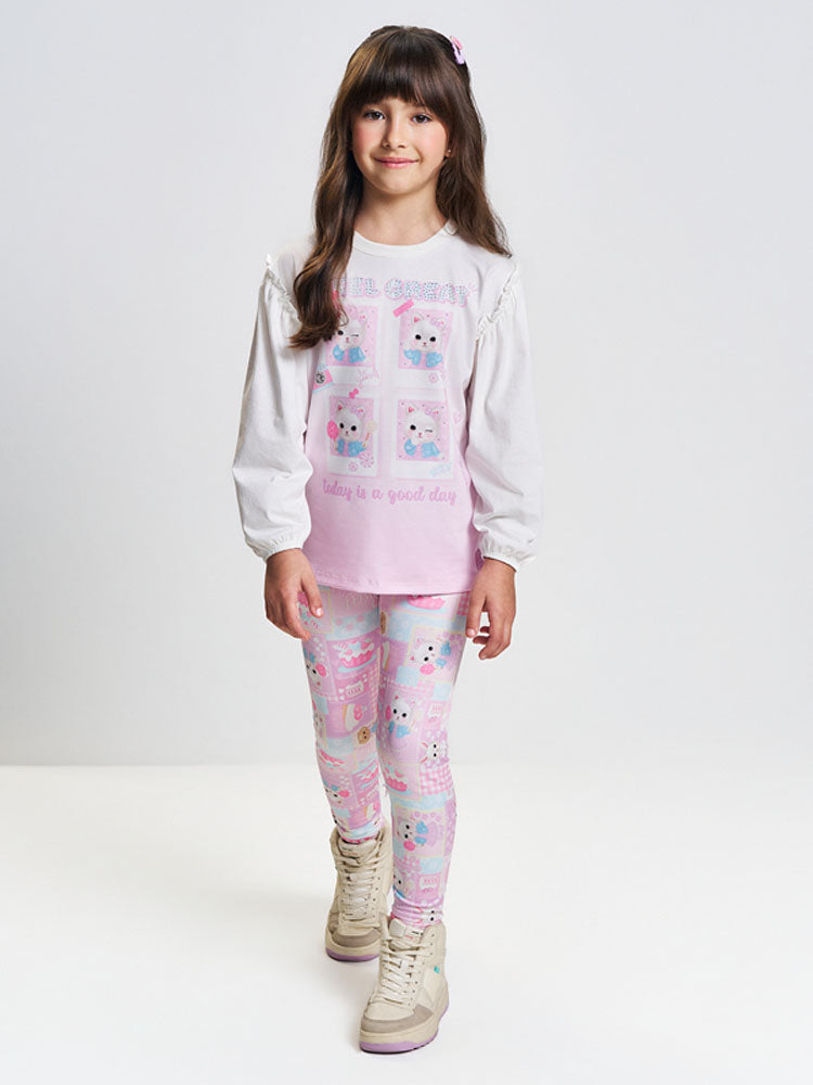 Conjunto Infantil Cinti Inverno com Calça Leggnig Rosa e Blusa Manga Longa Gatinha Feel Great