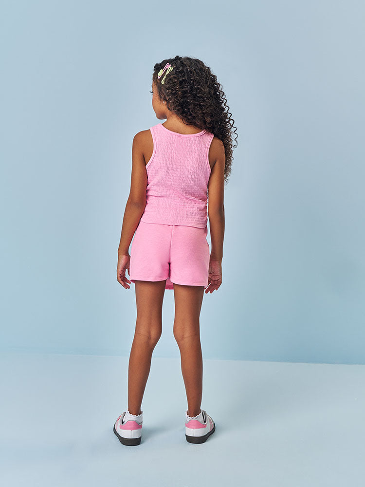 Conjunto Infantil Cinti Verão, Shorts Saia e Regata Rosa com Bolsinha