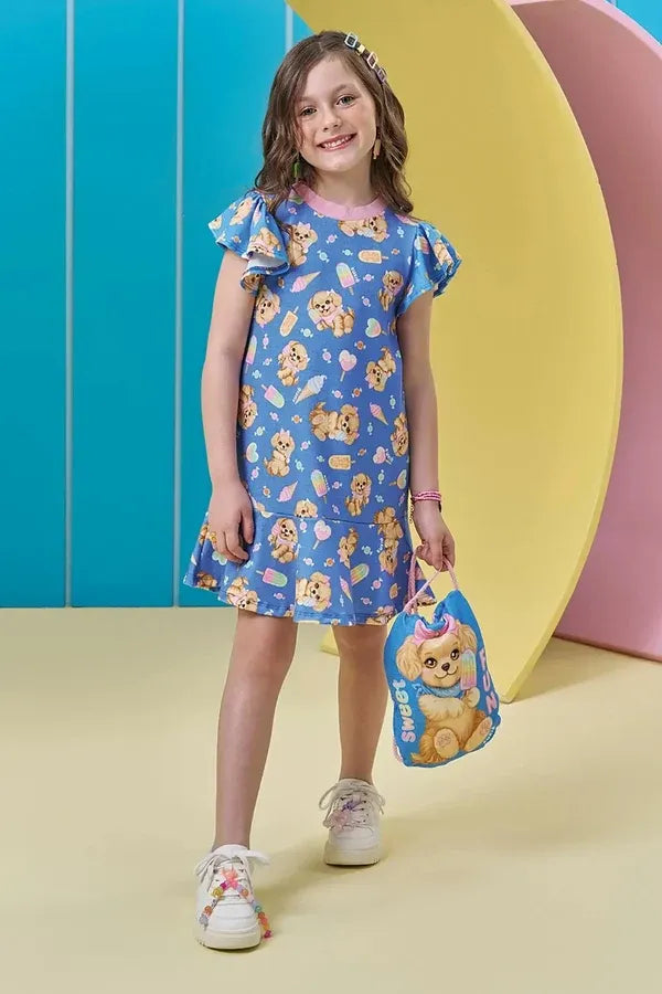 Vestido Infantil Kukiê com Bolsinha Azul Cachorrinha