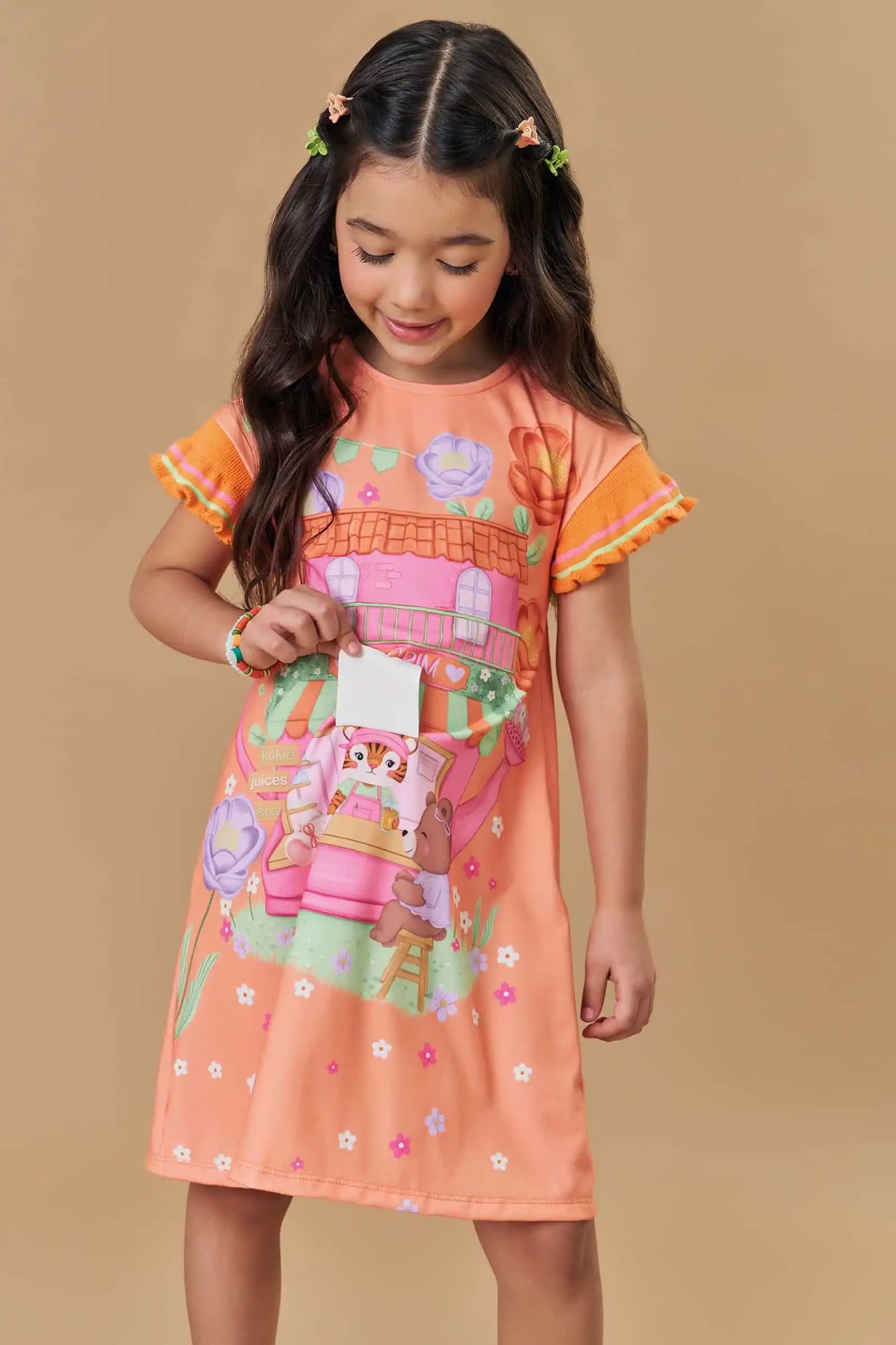 Vestido Infantil Kukiê Alecrim Laranja Hora do Lanche