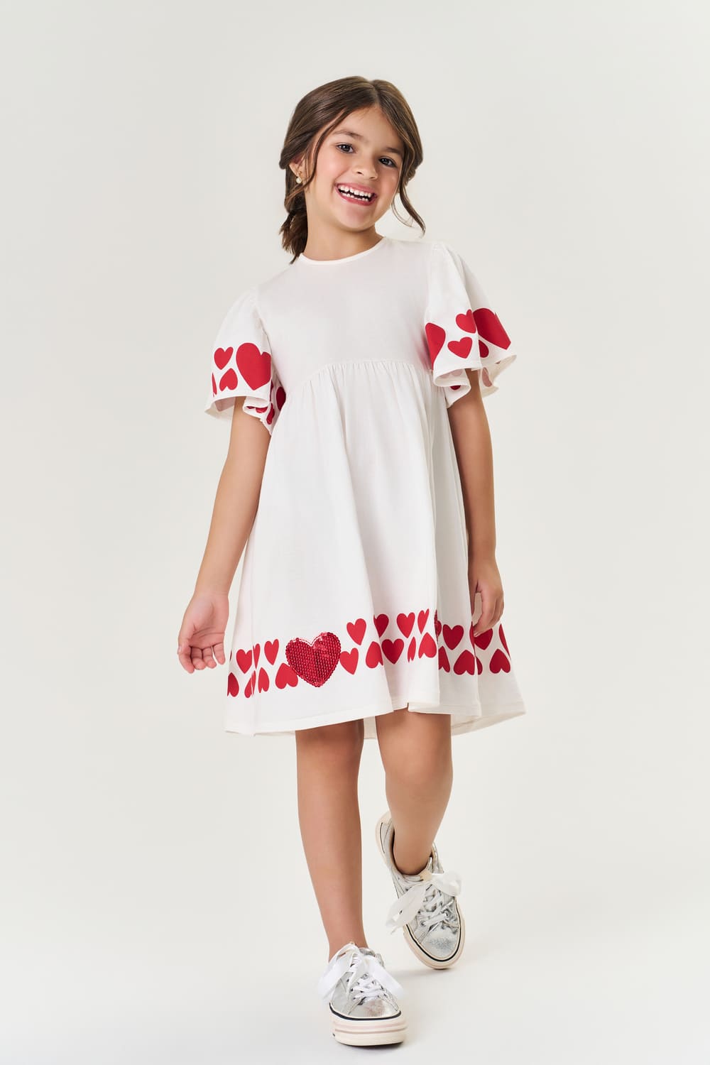 Vestido Infantil Cinti Verão Branco com Corações Vermelhos