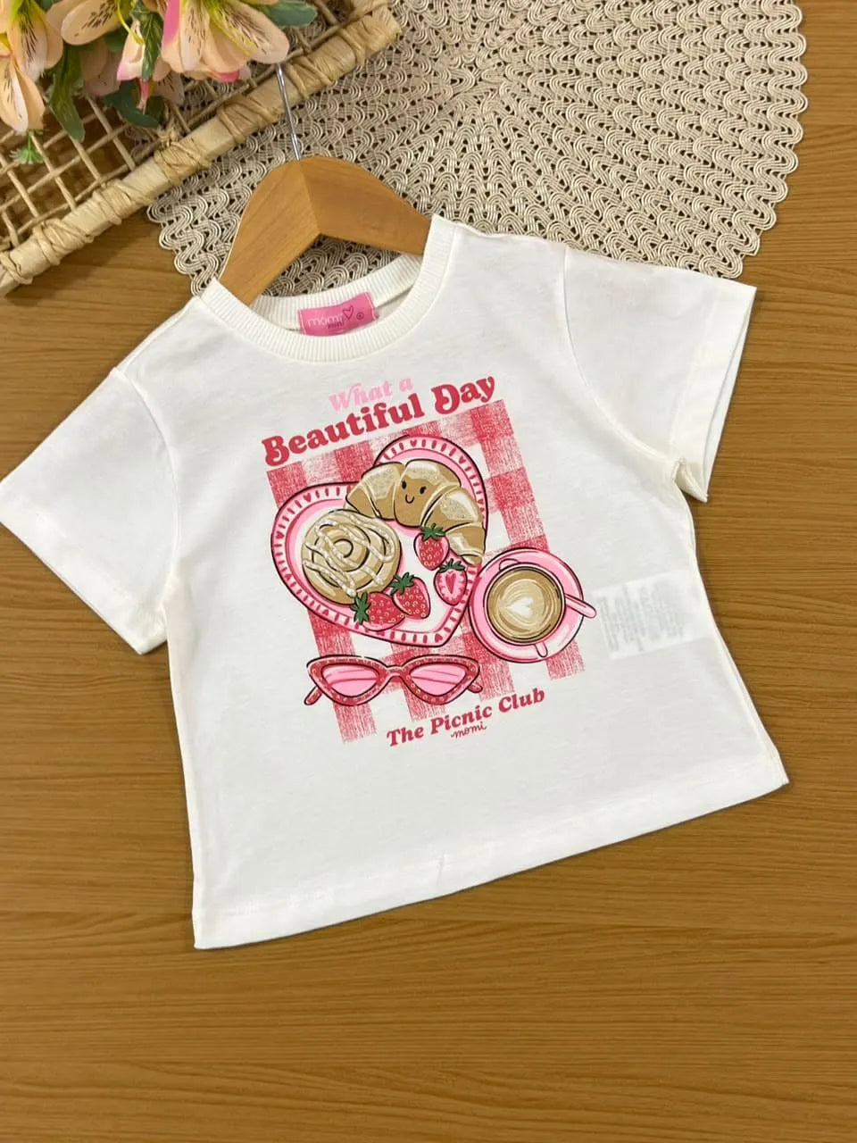 Conjunto Infantil Menina Momi com Saia Vermelha Xadrez e Blusa Branca Picnic Strass