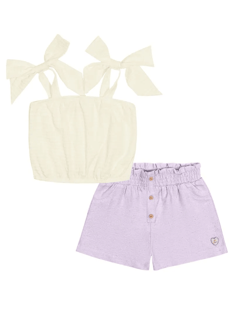 Conjunto Infantil Cinti Verão Shorts Lilas e Cropped Branco