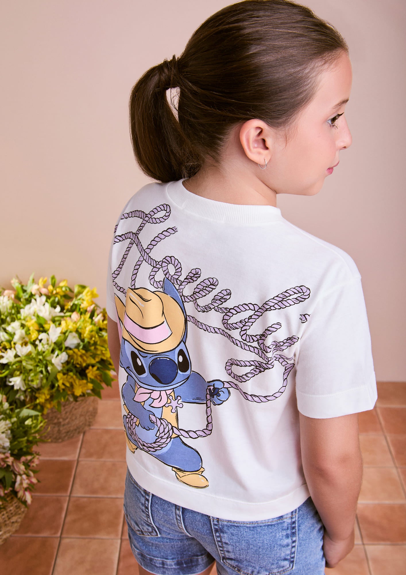 Blusa Infantil Animê Verão Branca Stitch Cowboy Disney