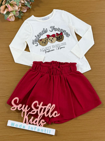 Conjunto Infantil Momi Inverno Shorts Vermelho e Blusa Manga Longa Ursinhas